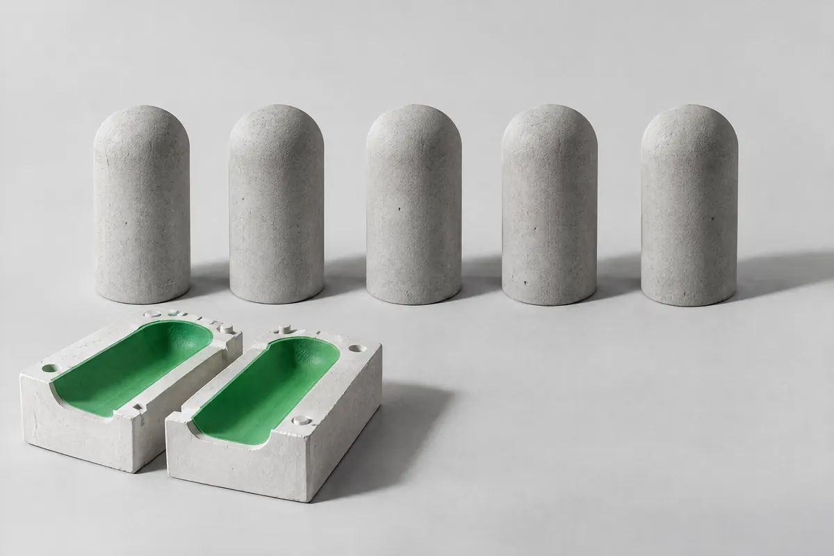 Five identical concrete columns in front of their open mould